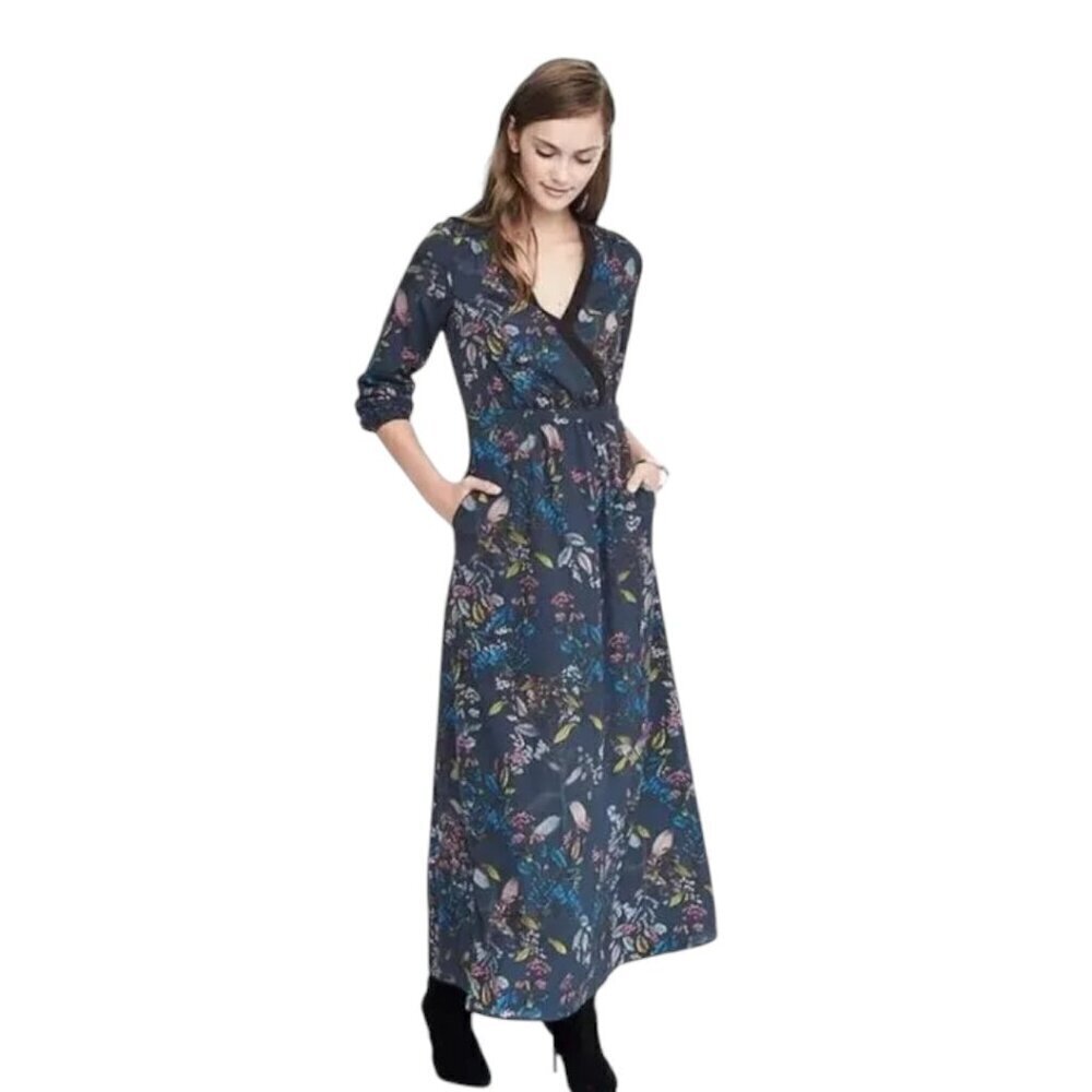 Banana Republic Dark Teal Floral Surplice Long Sleeve Maxi Dress